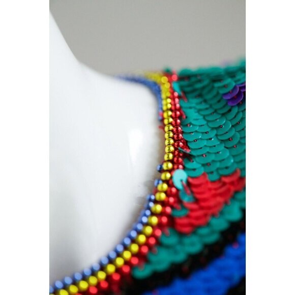 Vintage Jeet Colourful Southwestern Print Fully Beaded Colourful  Sequin Top 8 - Picture 4 of 12